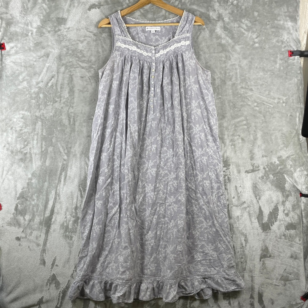 Eileen West Nightgown Womens M Purple Floral Lace Trim Sleeveless Cotton